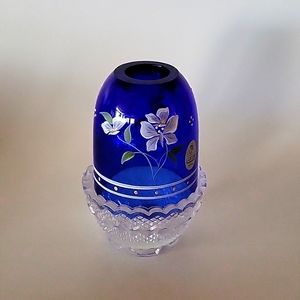 Fenton Royal Blue Hand Painted Signed Glass Santa Fairy Tea Light Lamp (2) Piece